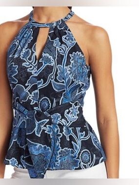 Parker  Tank Blouse Blue Marine Safari Drape Front Keyhole Top Size L